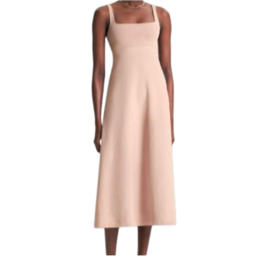 Scanlan Theodore Crepe Knit Square Neck Dress Oat Midi A-Line Designer L 8-12